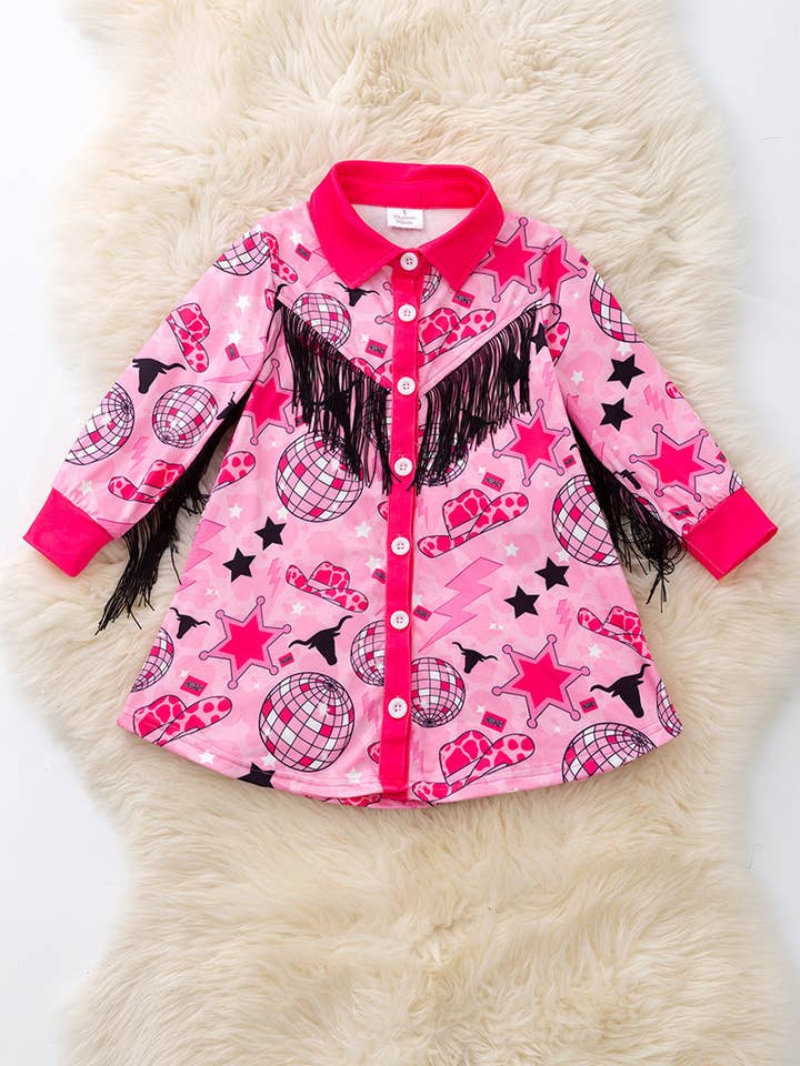 Robe imprimée disco, western pour filles avec franges. TPG50990 JEAN pour la vente par Kids Charm Online