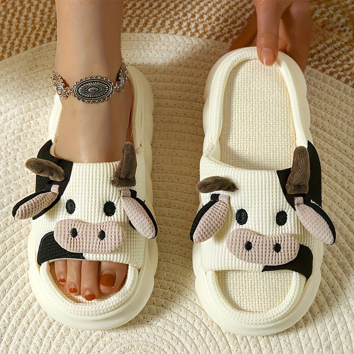 Print The Dream - Wholesale Slippers – Women's - Cozy Cartoon Cow Slippers NonSlip Plush Indoor Slides