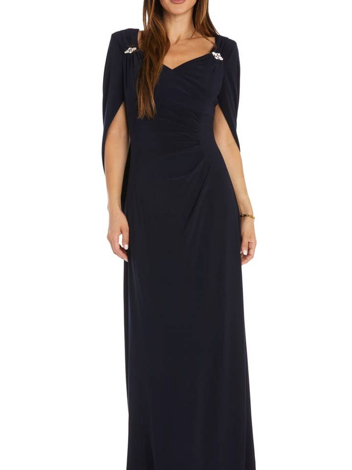 RM Richards Draped Shawl Sleeve Long Evening Dress for wholesale by New Yorker's Apparel