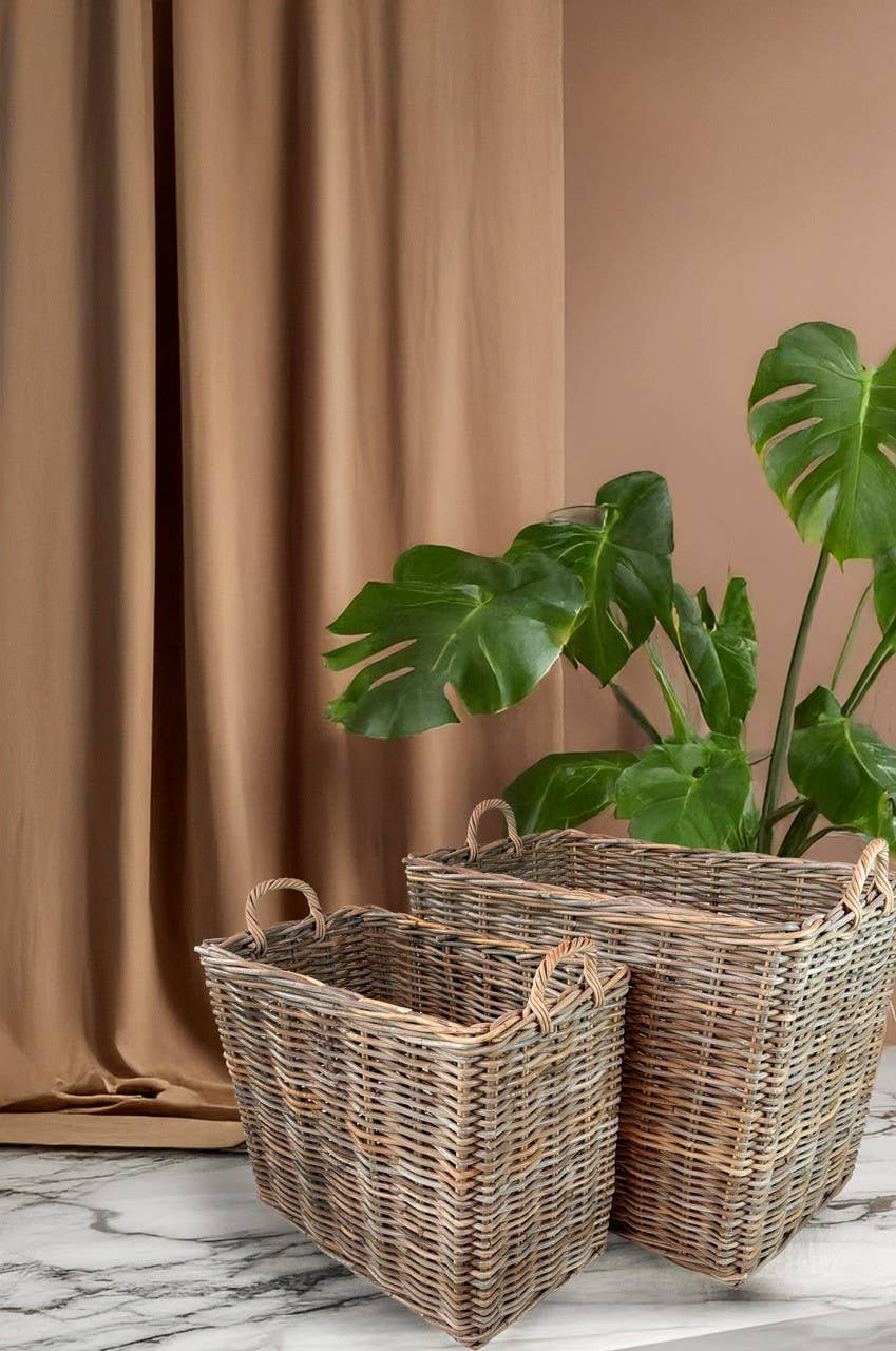 Grey Set of 2 Rectangle Rattan Baskets for wholesale on Faire3