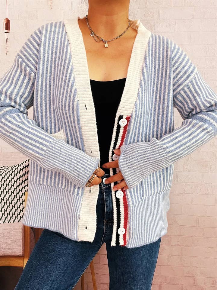 Striped Button-Front Cardigan with Contrast Trim for wholesale by Beyond Apparel