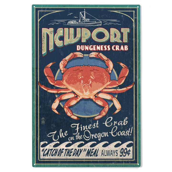 ENSEIGNE EN BOIS Newport, Oregon, Dungeness Crab pour la vente par Lantern Press