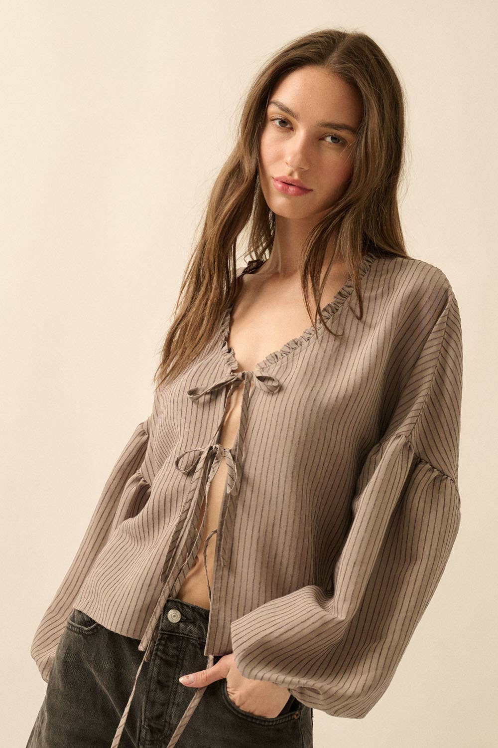 Promesa USA - Wholesale Blouse - Women's - Tonal-Stripe Tie-Front Balloon-Sleeve Top8