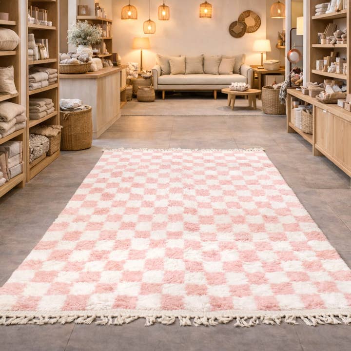 Tapete de lã contemporâneo – Feito à mão em Marrocos-rosa e branco por atacado de woolsouk ( We handle U.S. import procedures for you )