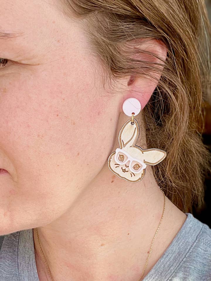 Easter Bunny with Glasses Laser Engraved Wood Dangle Earrings for wholesale by Rosey Oak Designs