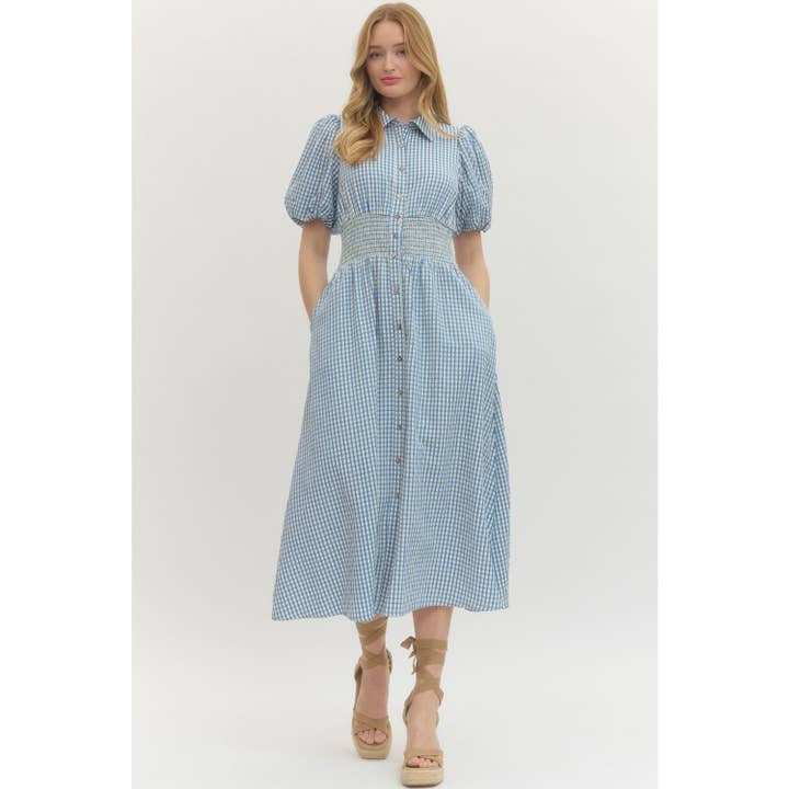 Robe midi à manches courtes bouffantes en vichy pour la vente par STYLE USA