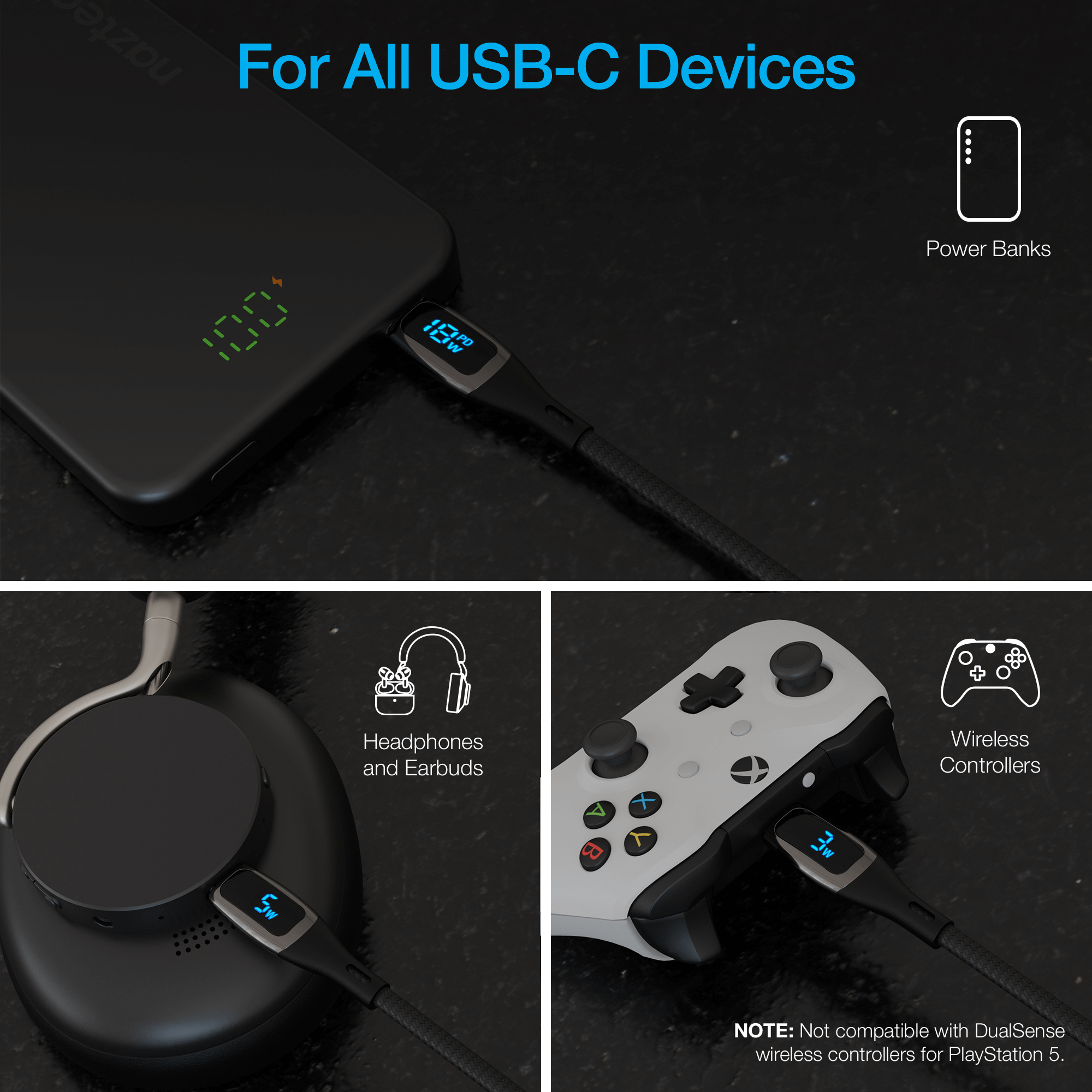 JupiterGear Home - Wholesale Charging Cable - Naztech DigiWATT USB-C to USB-C Digital LED Cable 6ft1