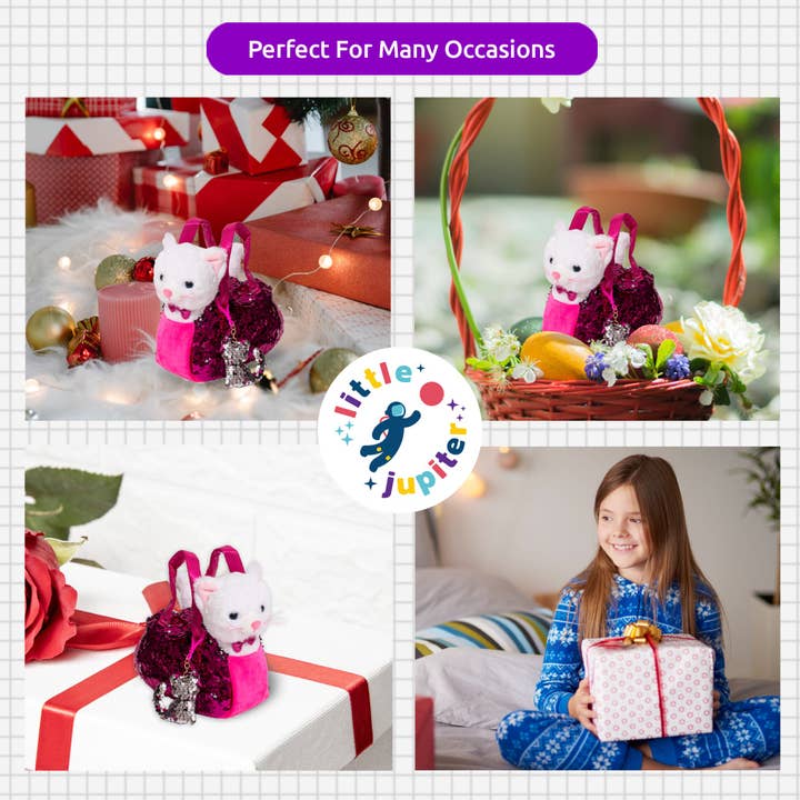 AYK Brand - Vendita all'ingrosso Peluche - Bambini e neonati - Set di peluche per animali domestici Little Jupiter con borsa, gatto bianco con sacchetto rosa acceso