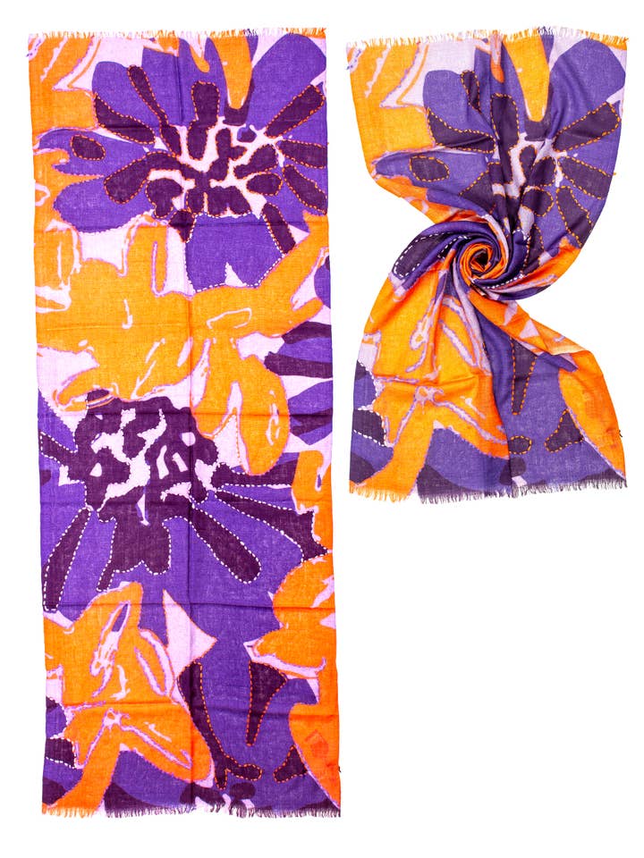 ÉTOLE GALACTIC BLEU BRODERIE FLEUR ORANGE 100% LA, 70X180, pour la vente par Ayfee