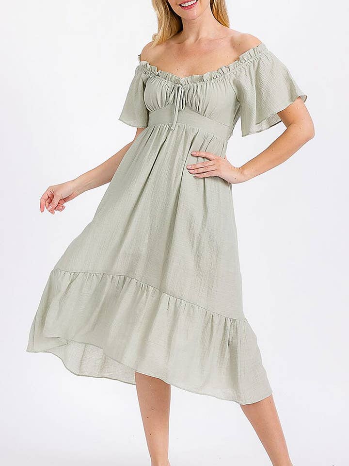 VESTIDO MIDI ASIMÉTRICO CON BOLSILLOS DELANTEROS Y HOMBROS DESCUBIERTOS para venta al por mayor de ROUSSEAU