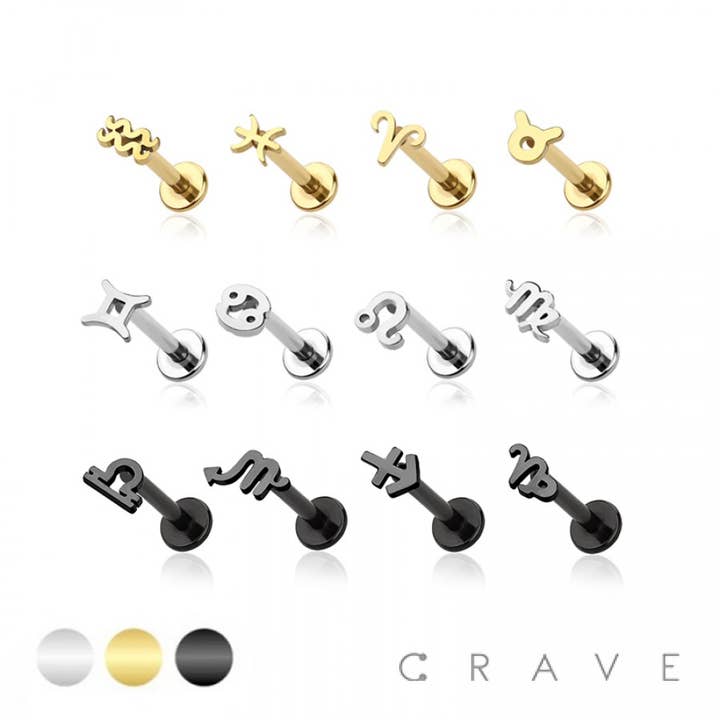 ZODIAC SYMBOL 316L SURGICAL STEEL LABRET for wholesale by CRAVE