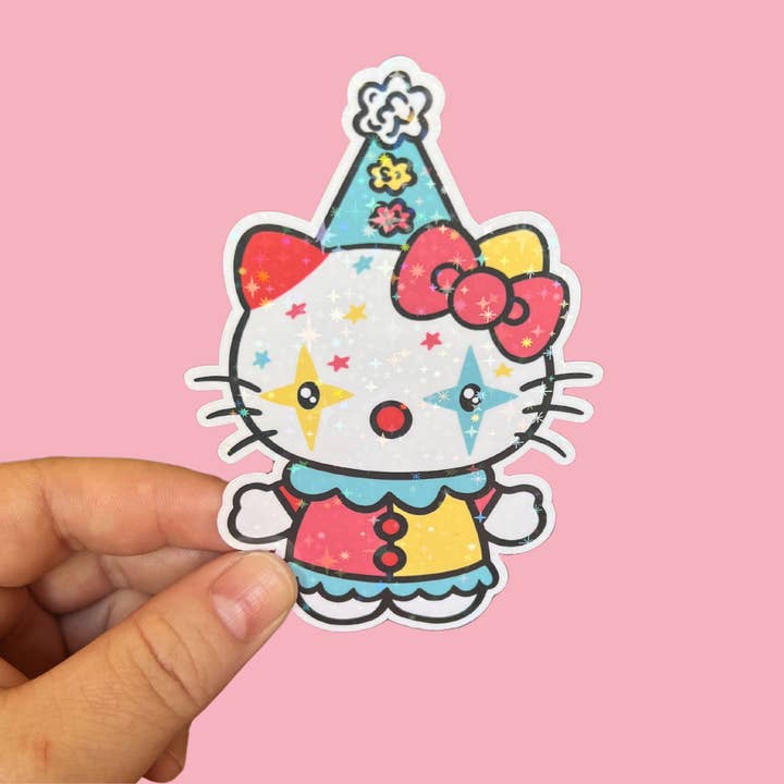 Faebelle Haven - Wholesale Sticker - Kitty Clown Sparkle Sticker | Kawaii Jester Star Toy Character Cat0