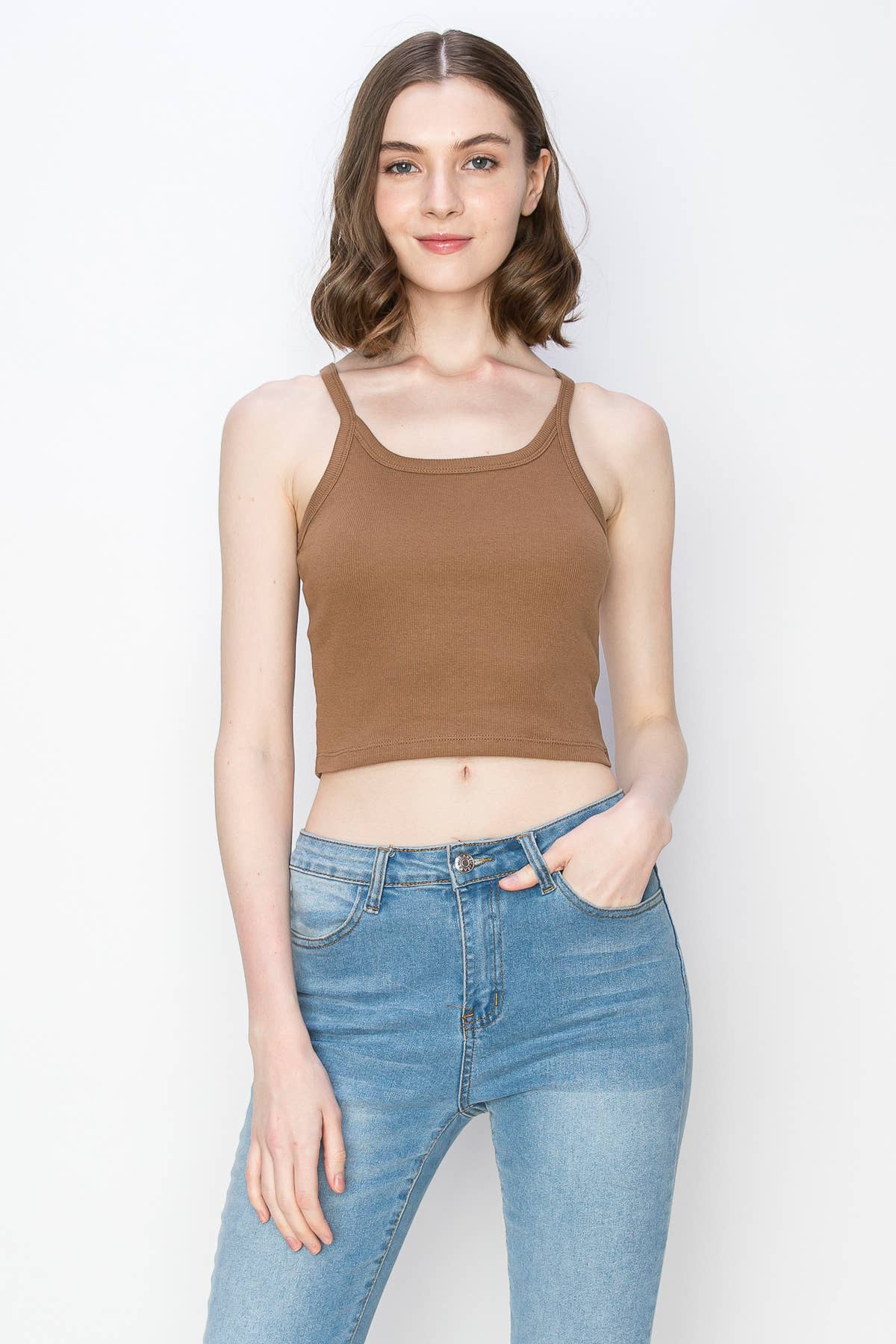 Color 5 - Vente Débardeur – femme - Débardeur spaghetti court en coton côtelé et élasthanne de couleur unie3