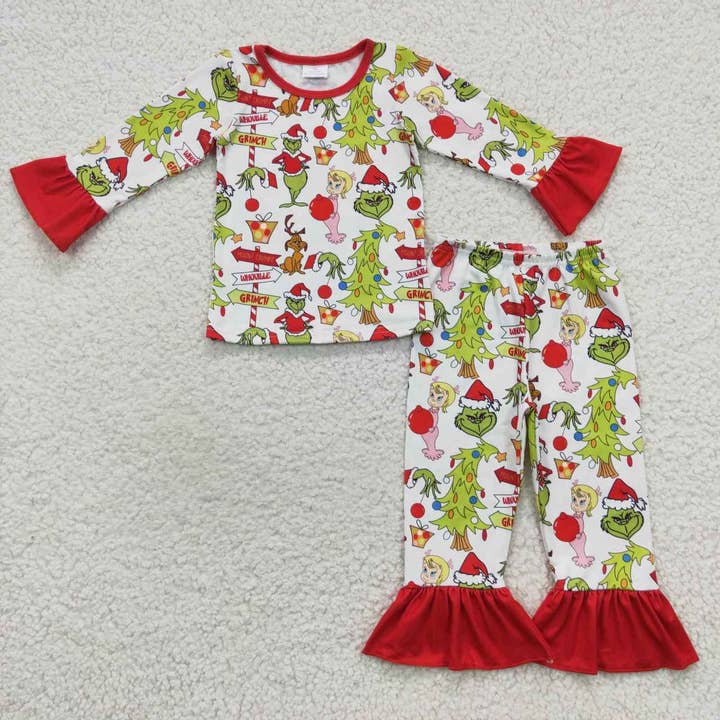 Aier Wholesale - Wholesale Sleepwear Set - Kids - Family Girls Boys Green Face Rompers Pants Pajamas Sets1