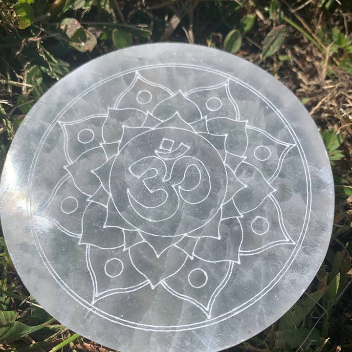 *Ohm Mandala Selenite Round Crystal Charging Plate | 10 cm | Morocco for wholesale by Pelham Grayson Rose