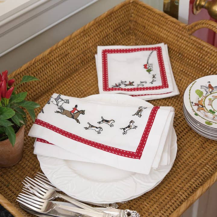 Pomegranate Inc - Wholesale Dinner & Cloth Napkin - Embroidered Hunt Scene Red Ribbon Cocktail Napkin | Set of 41