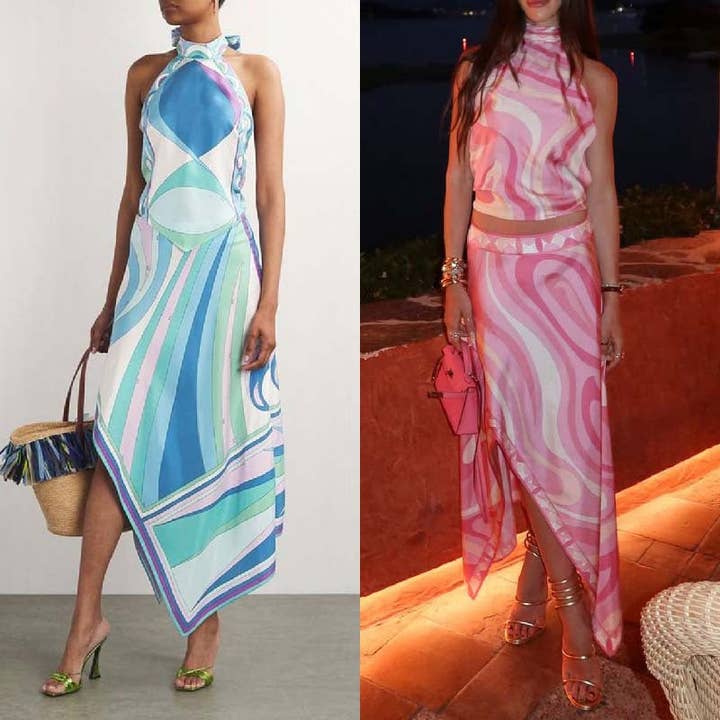 Zomer sexy satijnen rugloze top met bloemenprint & asymmetrische rokset voor wholesale door Halcyon Outfitters®