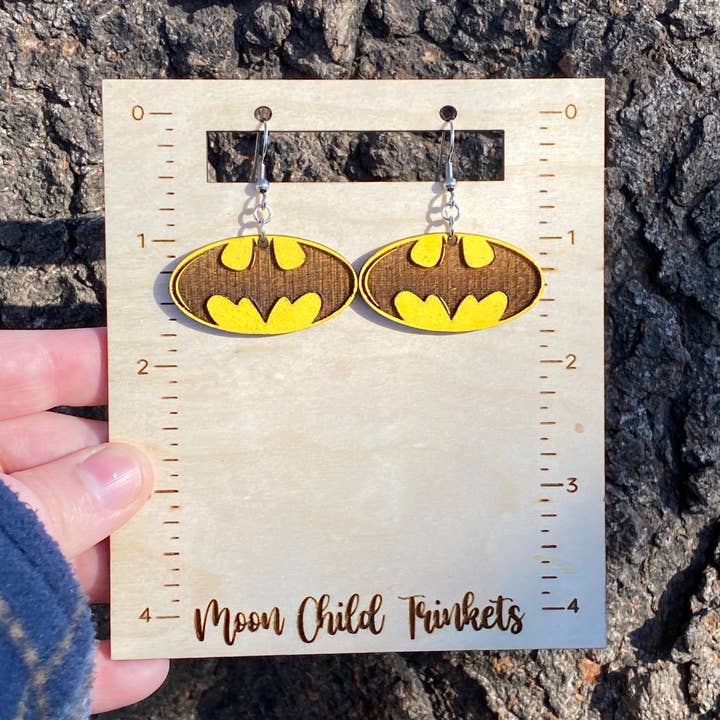 Moon Child Trinkets - Wholesale Dangle Earrings - Batman Logo Hand Painted Wood Dangle Earrings