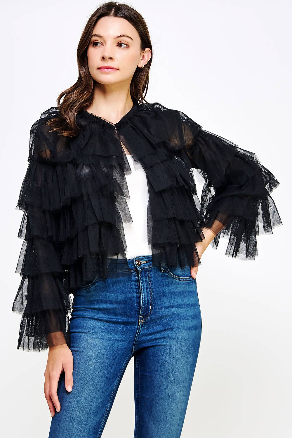 Strut & Bolt – Engroshandel Cardigan - Dame – Lag-på-lag-frynset tyl-cardiganjakke10