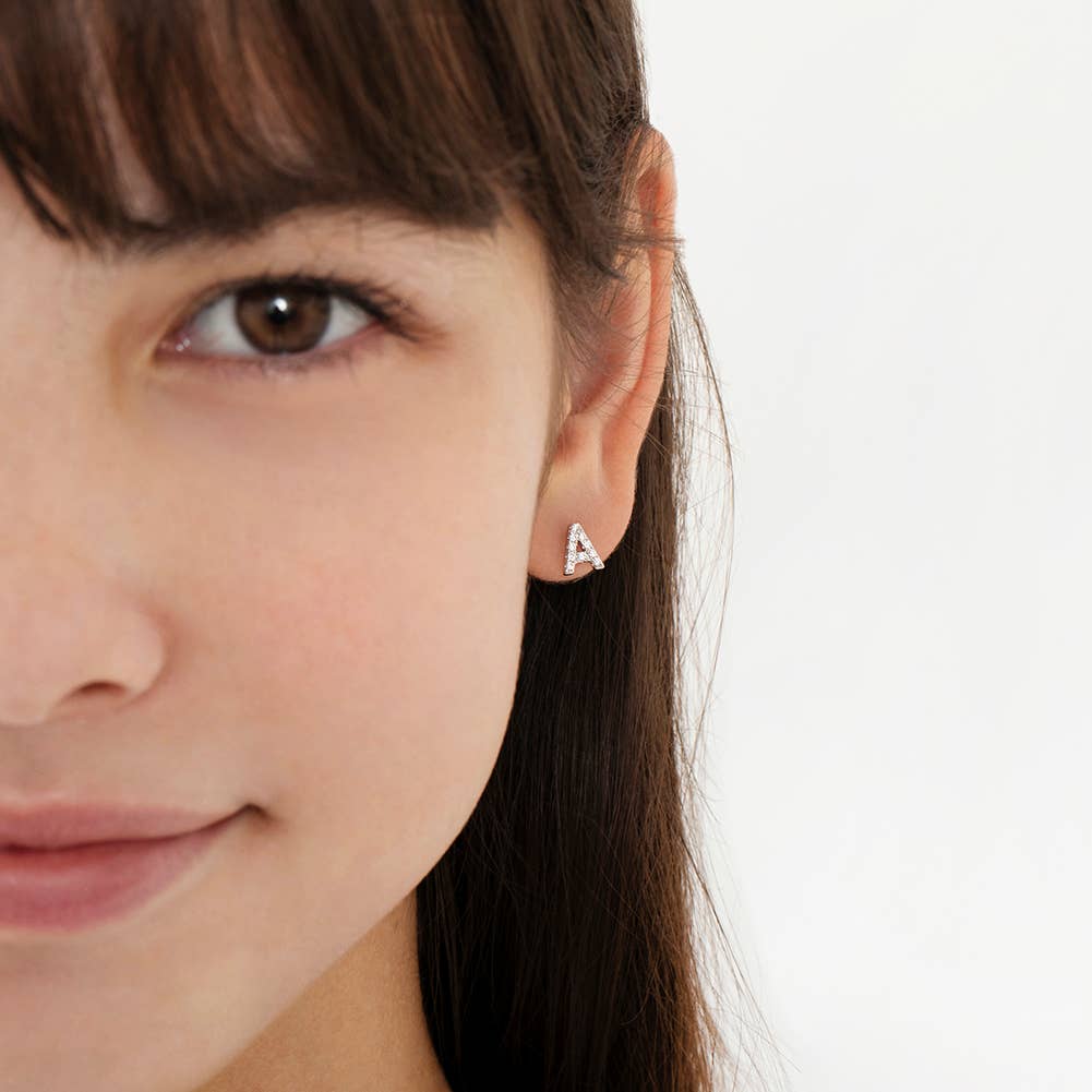 In Season Jewelry - Wholesale Earrings - Kids - CZ Letter Initial Girls / Kids Earrings - Sterling Silver13