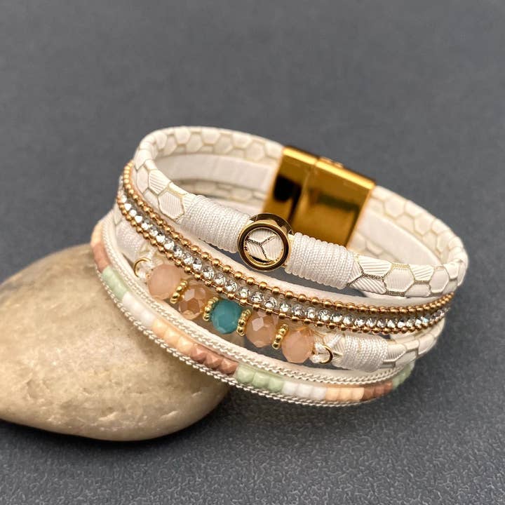 Mio Queena - Wholesale Bangle Bracelet - Rhinestone & Resin & Leather Multi-Layer Boho Bracelet - LB