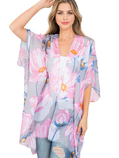 Flower Print Bohemian Open Print Kimono Pink - Pack of 6 for wholesale by Apparel Candy