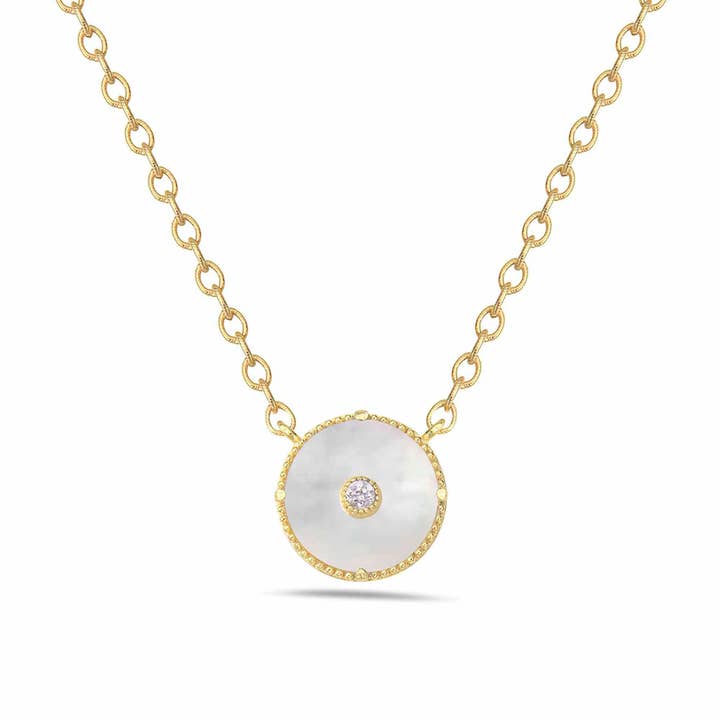 Mother of Pearl Inset Necklace with White Sapphire in Gold for wholesale by Anatoli Jewelry