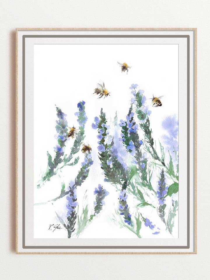 Lavender Bees Watercolor Art, Summer Meadow, Botanical Decor for wholesale by Yuliasheart