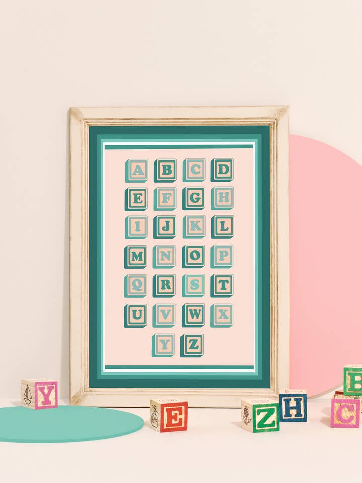 ‘Alphabet blocks’ print in green for wholesale by Pink and Mint Design
