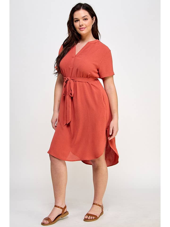 Haute Fox Plus Size & Contemporary - Wholesale Dress - Women's - Plus Size Midi V-Neck Waist Tie Dress SS2352P-D