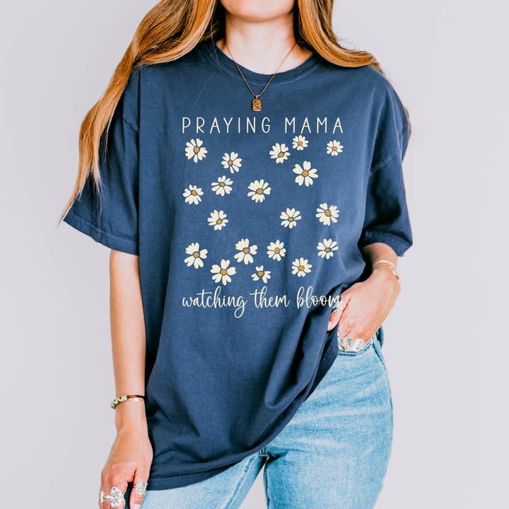 Scripted Pearl - Wholesale Screen Printed T-Shirt - Women's - Praying Mama Watching Them Bloom Daisies Comfort Colors Tee3