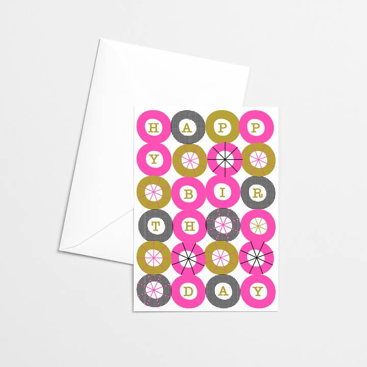 Mezzaluna Studio - Wholesale Birthday Card - Happy Birthday Pink Circles Risograph Greeting Card