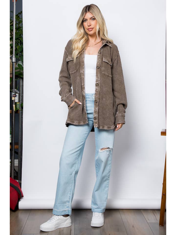 26 International - Wholesale Shirt Jacket/Shacket - Women's - Garment Dye Heavy Waffle Knit Hoodie Shacket7