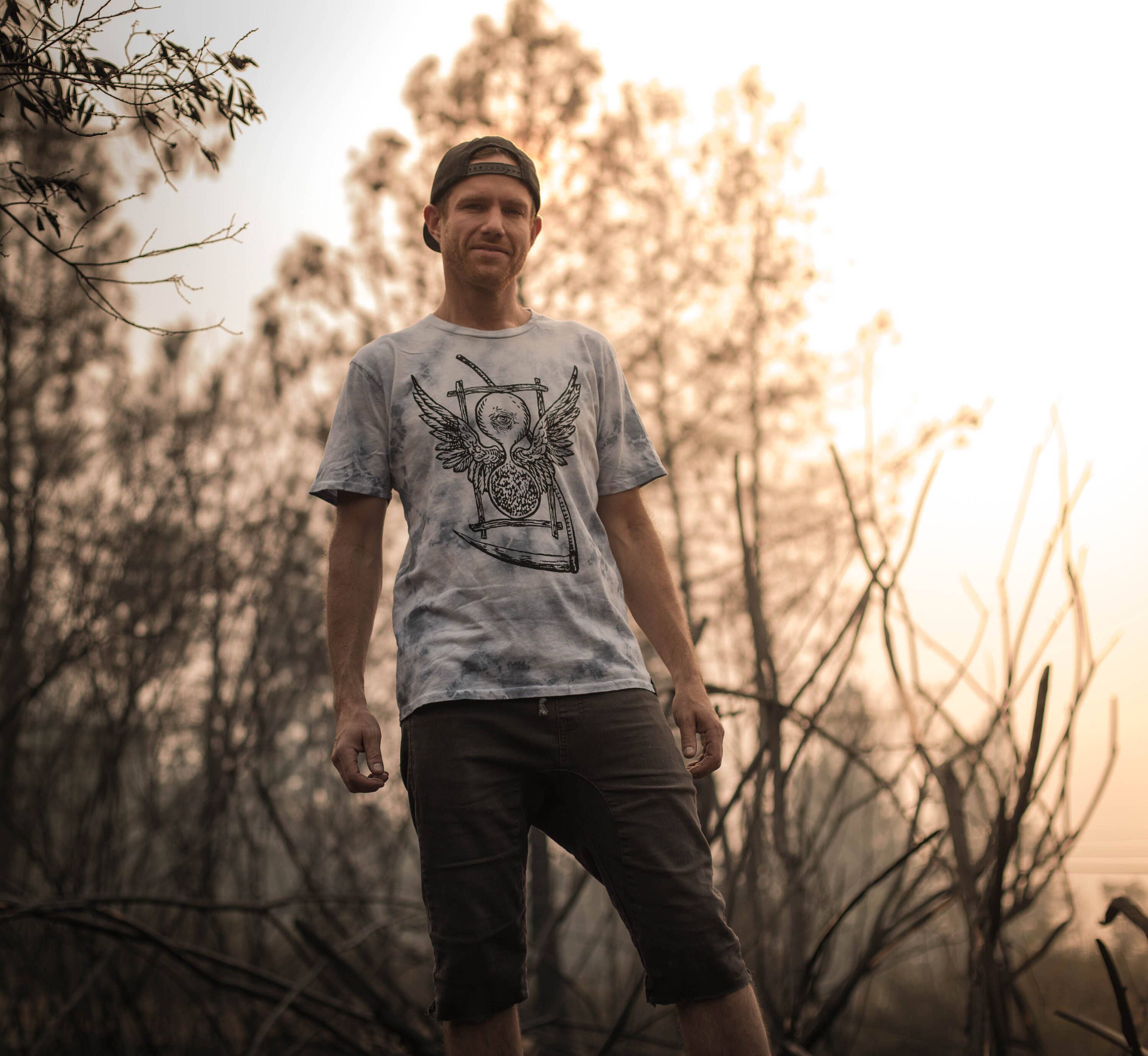 Sacred State Design - Wholesale Screen Printed T-Shirt - Men's - Pyramid Oracle Hourglass & Scythe Blue Dyed T-Shirt1