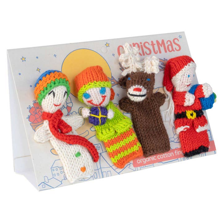Marionnettes à doigts en coton biologique Christmas Story, lot de 4, chaussettes pour la vente par Lucuma Designs