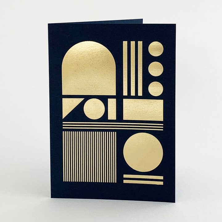 Maskinkort, messing og marineblå, folieret lykønskningskort for engroshandel hos Tom Pigeon