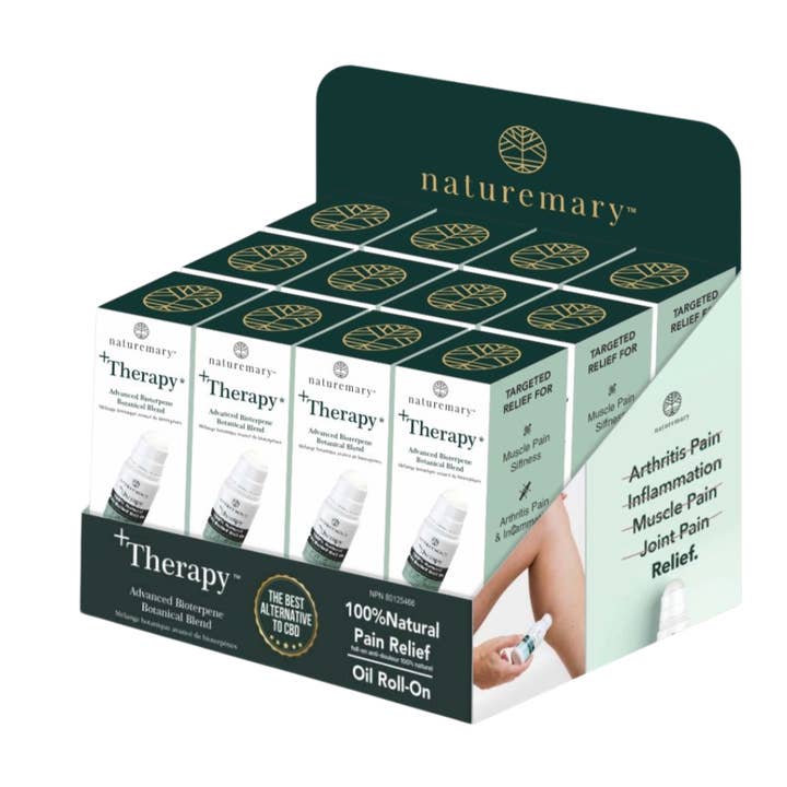Pack de 12 avec présentoir - Roll-on soulagement de la douleur +Therapy pour la vente par NatureMary