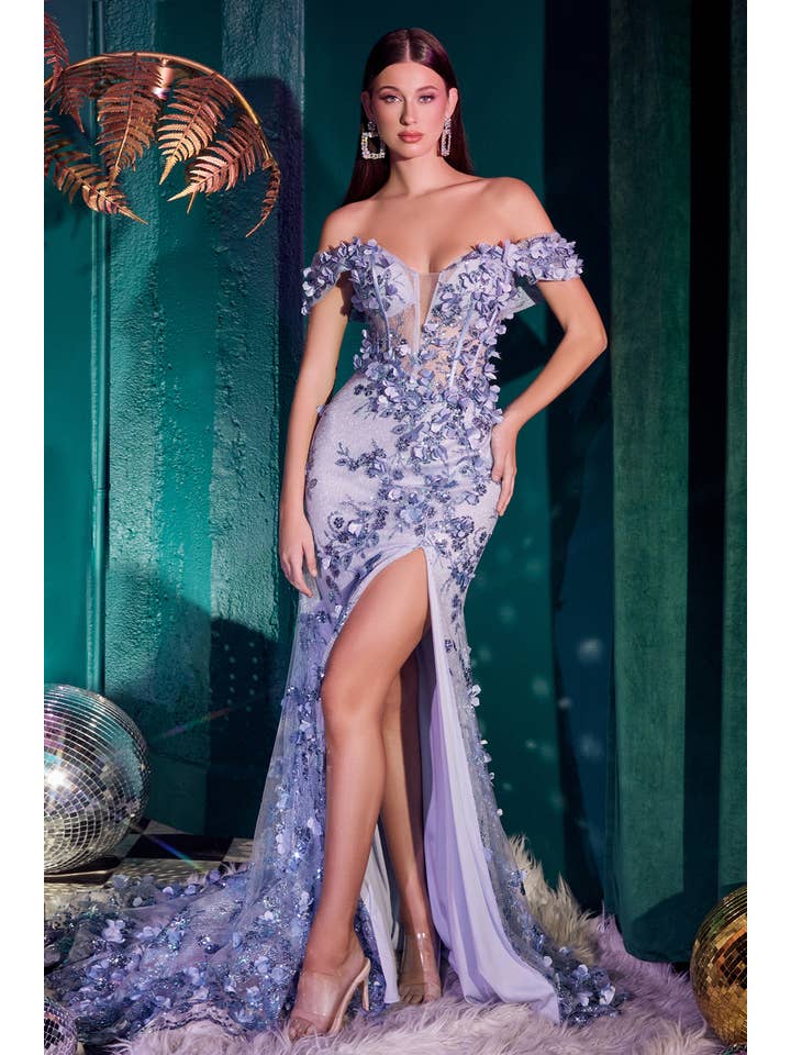Ladivine by Cinderella Divine - Wholesale Gown - Women's - OFF THE SHOULDER 3D APPLIQUE FLORAL GOWN