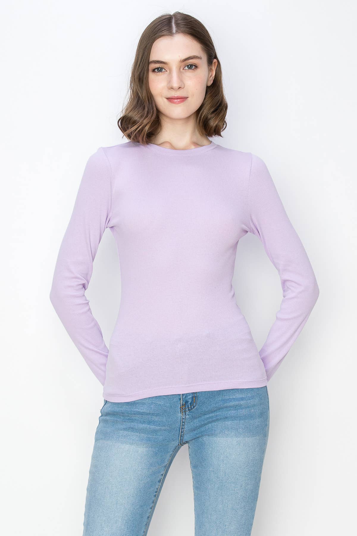 Color 5 – Großhandel T-Shirt – Damen – Unifarbenes, geripptes Langarm-Shirt aus Baumwolle mit Rundhalsausschnitt9