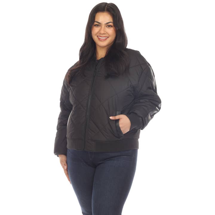 Plus Size Lightweight Diamond Quilted Puffer Bomber Jacket for wholesale by WHITE MARK