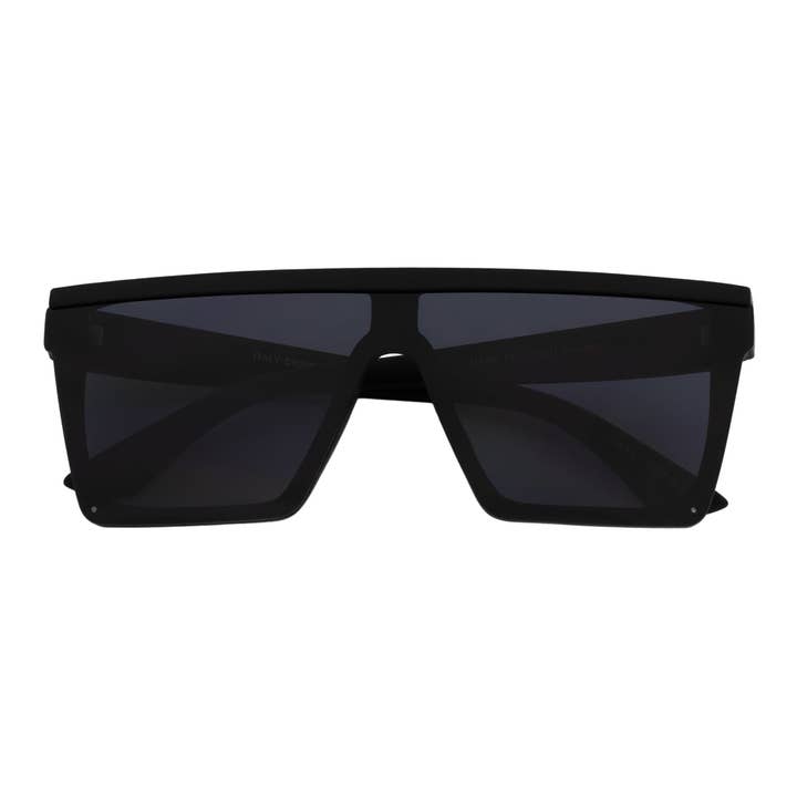 LAZER - Lunettes de soleil rectangulaires sans monture modernes à sommet plat, noir mat doux, fumée foncée pour la vente par Morspecs