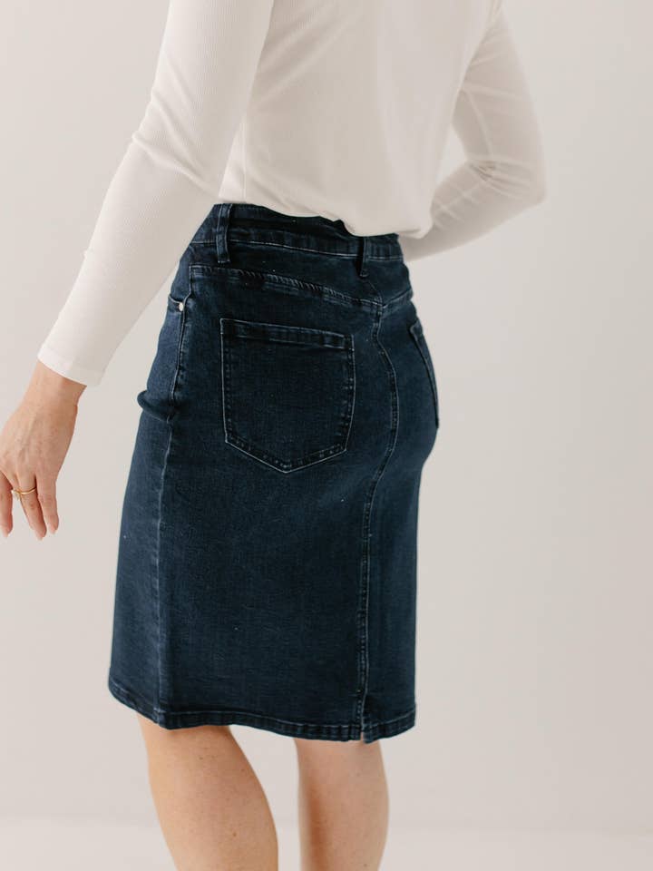 The Main Street Exchange - Wholesale Skirt - Women's - 'Krista' Knee Length Denim Pencil Skirt in Dark Wash FINAL SALE10