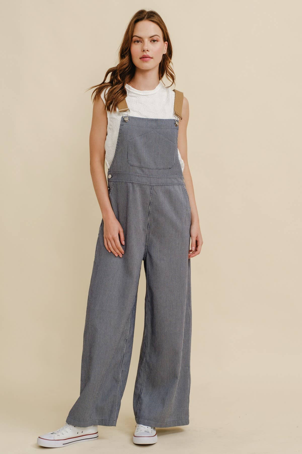 Navy CR19032A - STRIPED CONTRAST STRAP COLOR OVERALL JUMPSUIT for wholesale on Faire