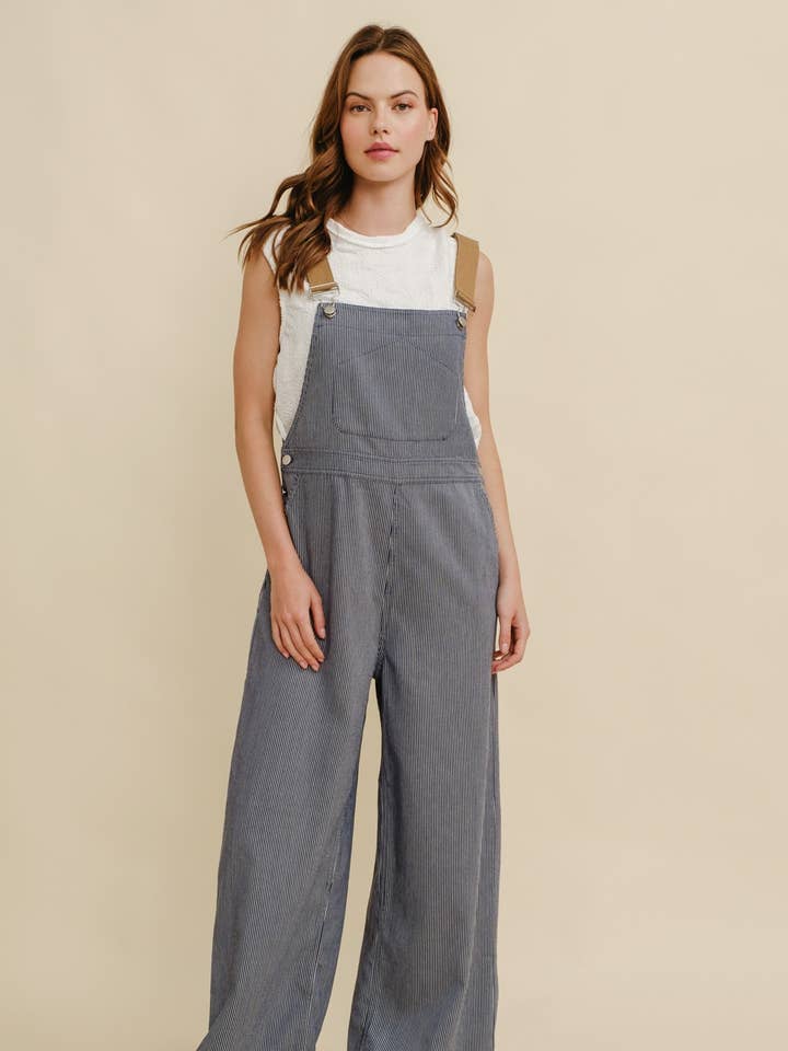 Navy CR19032A - STRIPED CONTRAST STRAP COLOR OVERALL JUMPSUIT for wholesale on Faire0