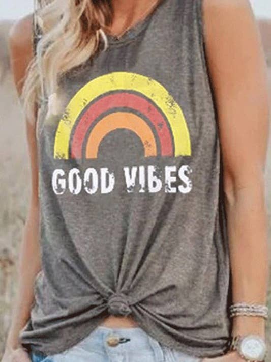 Rainbow GOOD VIBES Printed Tank Top for wholesale by Suzie Q USA