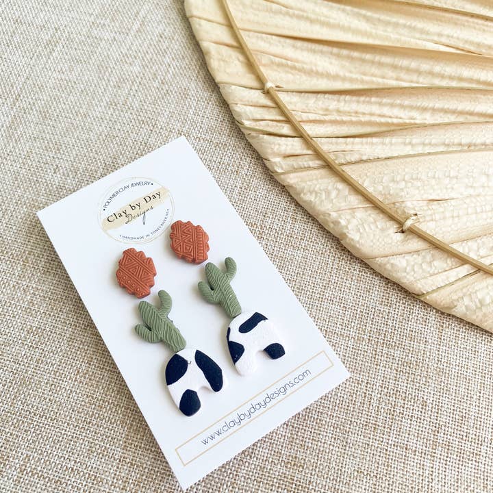 Clay by Day Designs – wholesale Stud/post earrings – Western Cowboy Theme Stud Trio - Polymer Clay Stud Earrings1