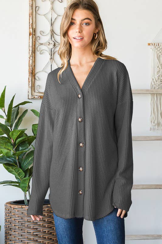 HEIMISH - Wholesale Cardigan - Women's - EJ6729-10 SOLID WAFFLE BUTTON DOWN CARDIGAN2