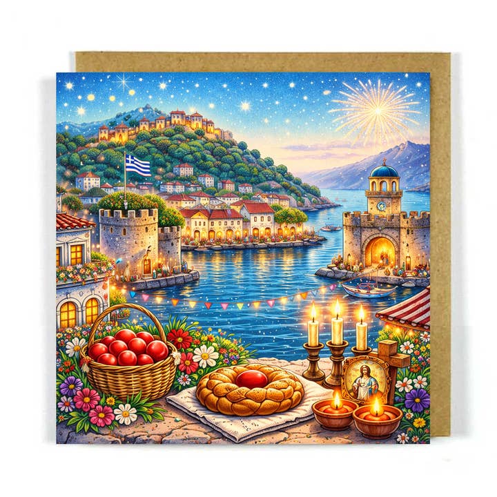 Cena da Páscoa Grega - Cartão de Cumprimentos da Páscoa em Nafpaktos por atacado de The Artisan Gift Co.