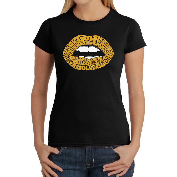 Women's Word Art T-Shirt - Gold Digger Lips for wholesale by LA Pop Art