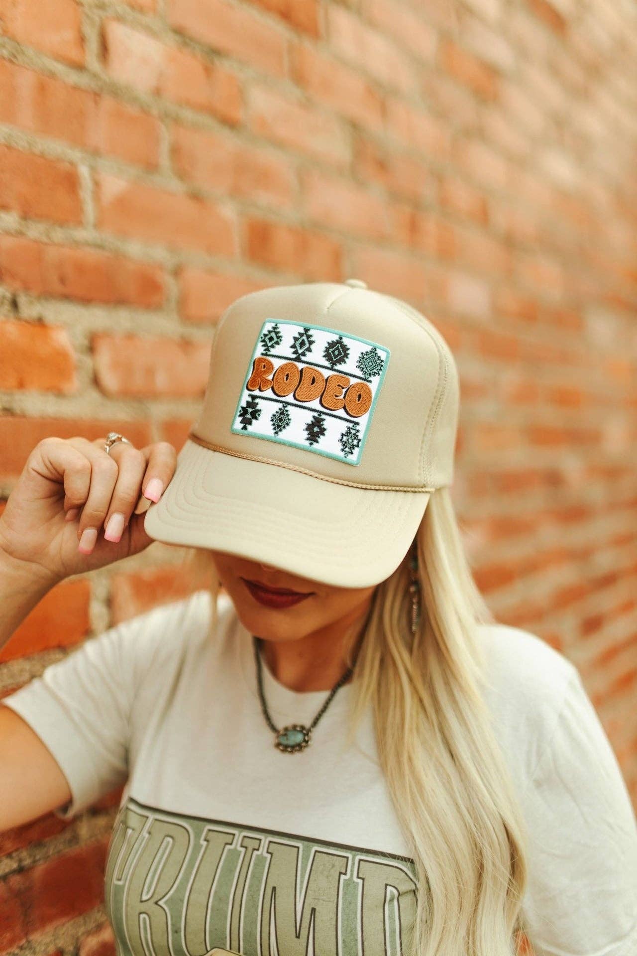 Khaki Aztec Rodeo Patch Trucker Hat for wholesale on Faire1